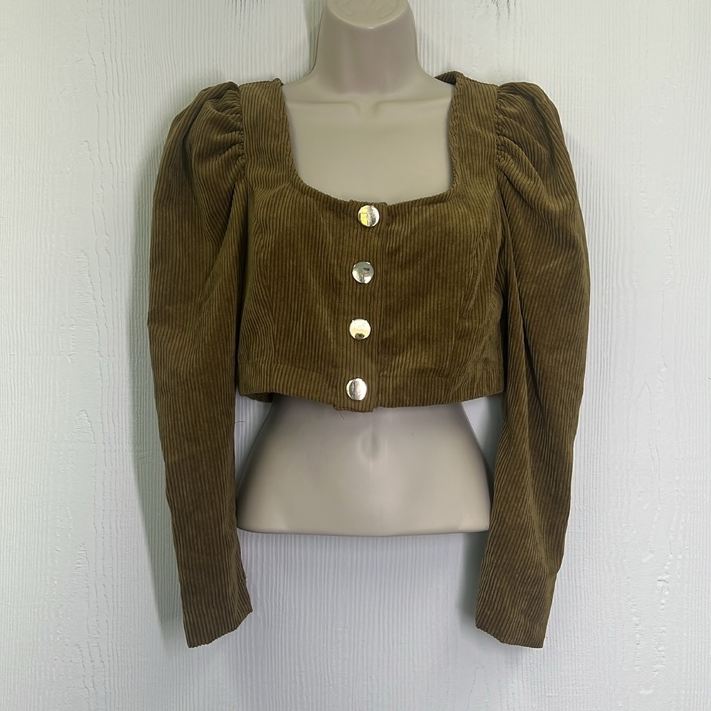 Zara - Dark Camel Corduroy Long Sleeve Large Button Crop Top Size Small - Picture 3 of 12